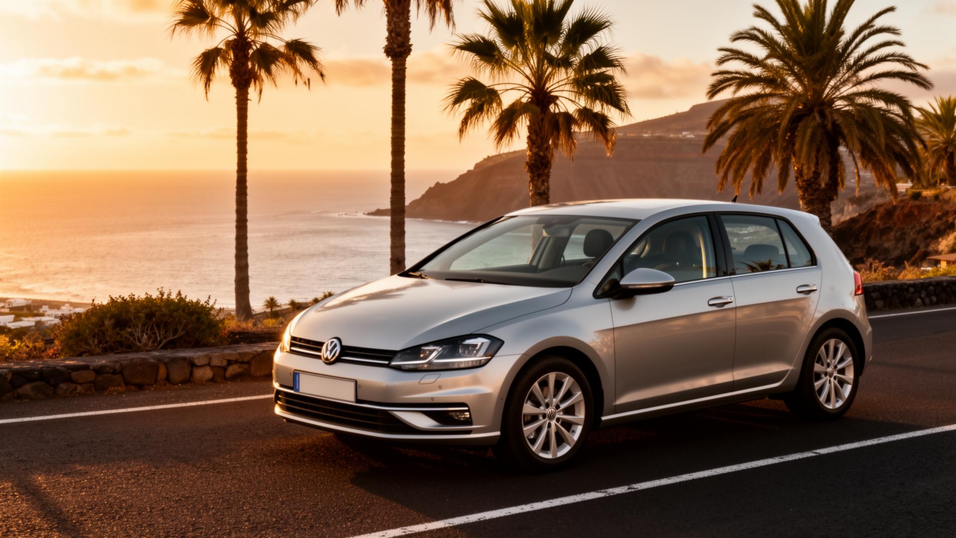 Silver hatchback car on Las Palmas de Gran Canaria coastal road at golden hour